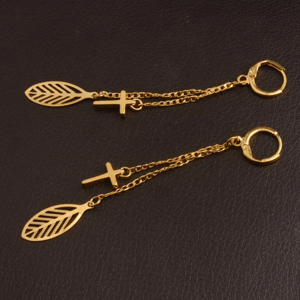 Женские серьги-подвески с листьями и крестом |