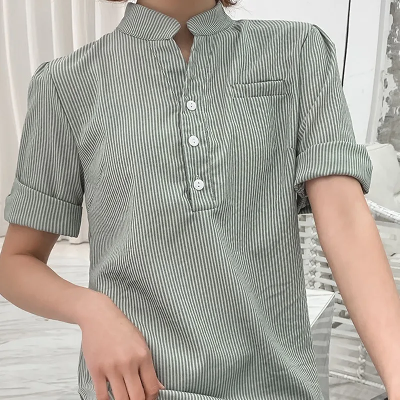 Элегантный короткий рукав свободные женские блузки в полоску Женская