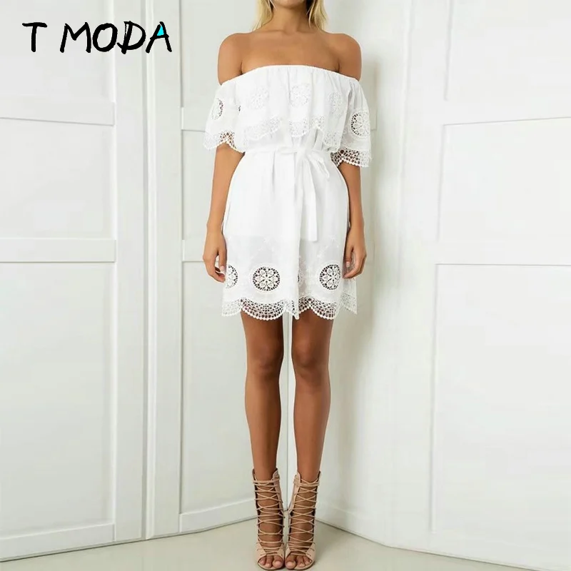 T Moda 2017 Для женщин с открытыми плечами Империя Краткая Летнее мини-платье Slash