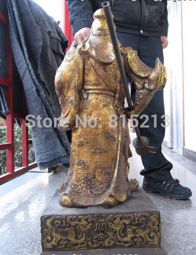 1027 31 ДЮЙМОВ Китай Народная Фейн Старый Бронзовый gild Дракон Гуань Гун воин