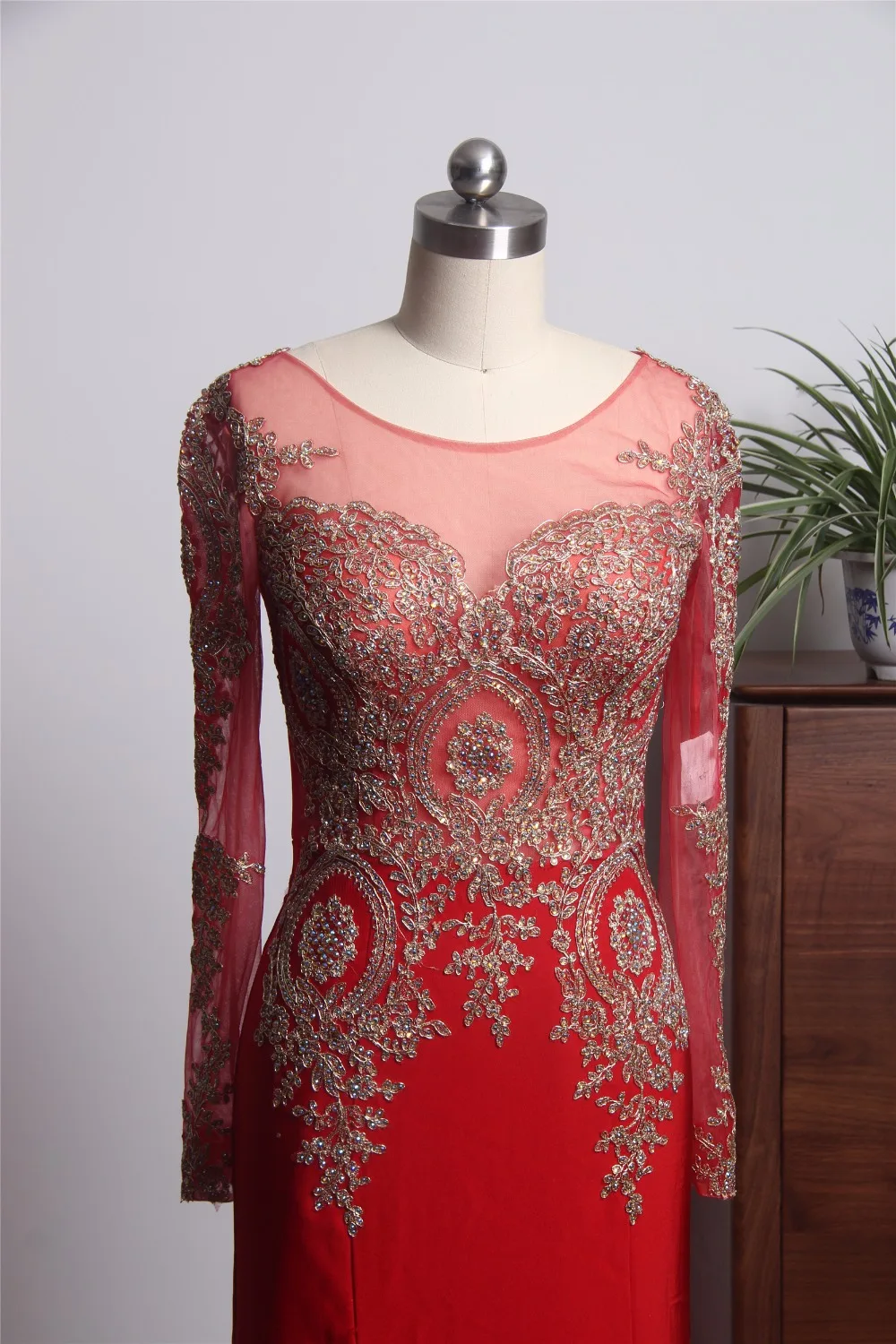 Женское вечернее платье-русалка красное платье с длинным рукавом и аппликацией