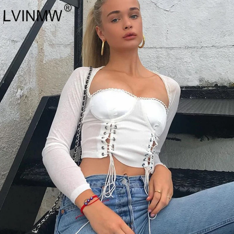 Женский укороченный топ LVINMW черный облегающий со шнуровкой сбоку весна 2019