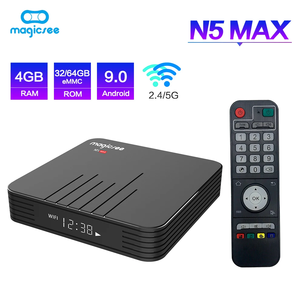 

ТВ-приставка Magicsee N5 Max S905X3, Android 9,0, 4G, 32 ГБ/64 Гб ПЗУ, 2,4 + 5G, двухдиапазонный Wi-Fi, BT 4,1, 8K