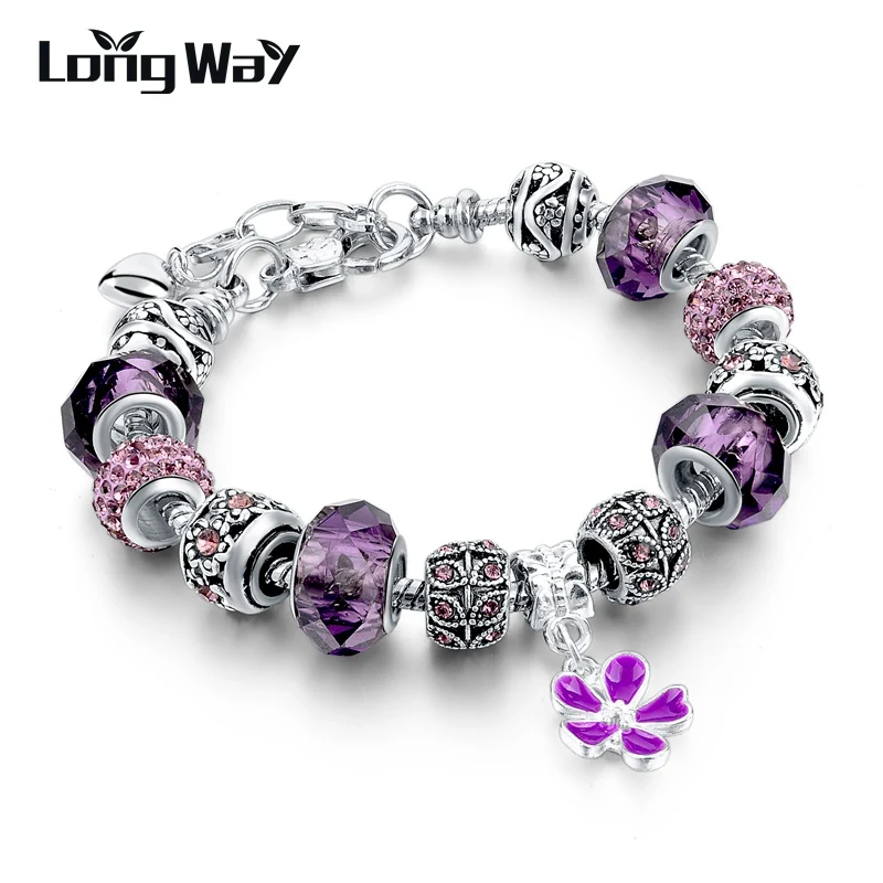 purple flower Attrtto серебряные амулеты Браслеты& Рождественский подарок для браслетов для женщин с хрустальными бусинами Браслеты DIY ювелирные браслеты SBR160037 - Окраска металла: purple flower