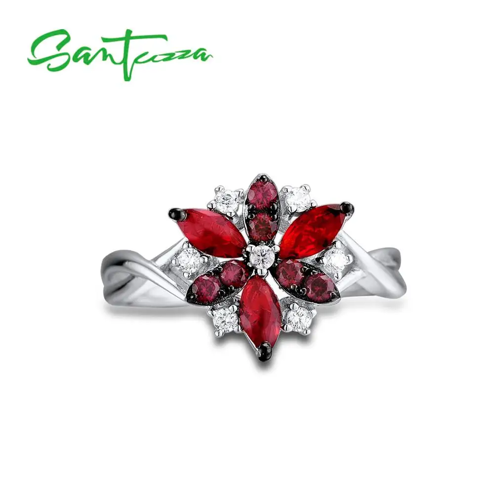 

SANTUZZA Silver Jewelry Set For Woman Red Cubic Zirconia Ring Earrings Pendant Set 925 Sterling Silver Fashion Jewelry