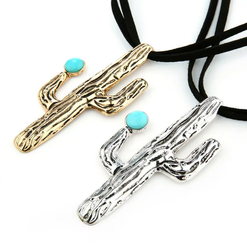 Кактус Кулон ожерелье для свитера женщин в богемном стиле с голубым камнем