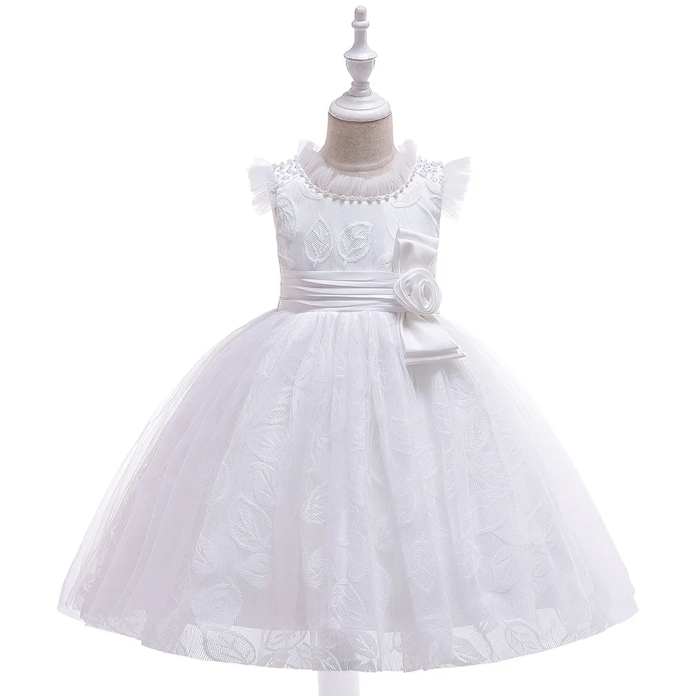 

New Design Ballgown White Flower Girl Dresses for Weddings Lace Tutu Dress Puffy Little Girls Formal Party Gowns with Pearls