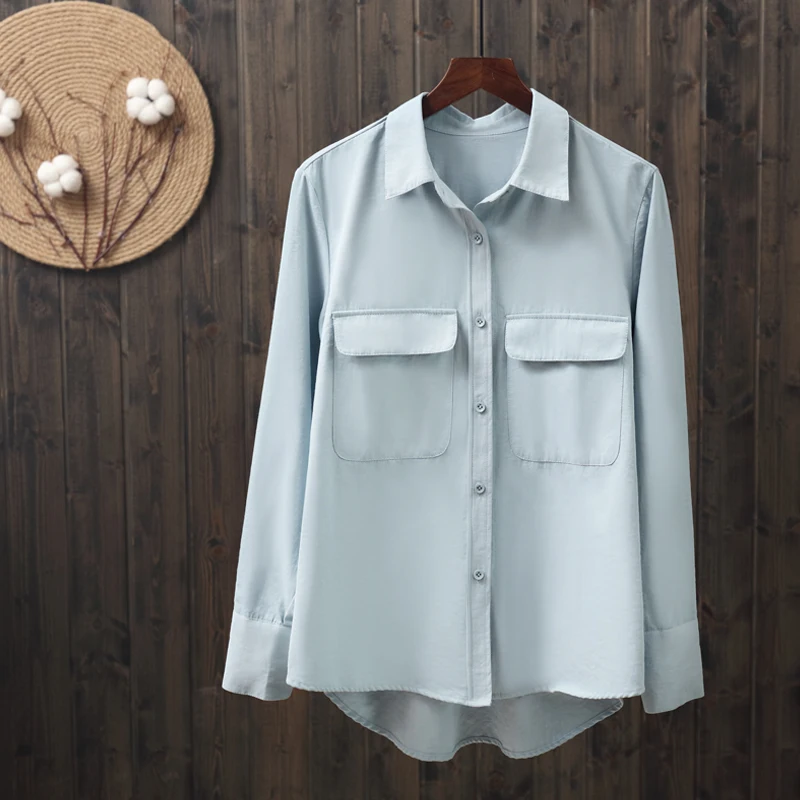 light blue Новинка весны, однотонная женская блузка и рубашки, Офисная женская элегантная белая рубашка с длинным рукавом и карманом, женские свободные Рубашки, Топы - Цвет: light blue