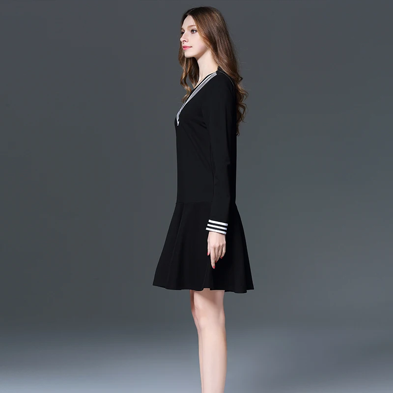 Элегантный женский Черный Свободные платья Длинные рукава в полоску лоскутное