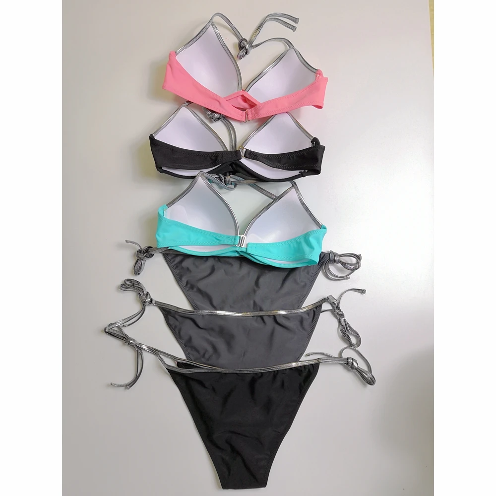 

Push Up Bikini Shiny Swimsuit Twist Swimwear Women Strappy Swimming Suit Biquini Bandage Side Tied Swimsuit Brazilian Bikinis