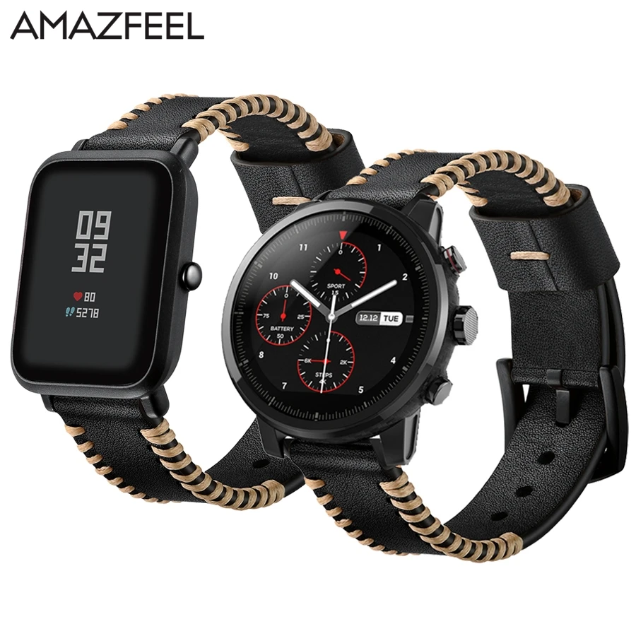 Ремешок Amazfeel 22 мм из натуральной кожи для Xiaomi Huami Amazfit Stratos 2 Pace Watch band 20 мм Amazfit bip bit Bracelet