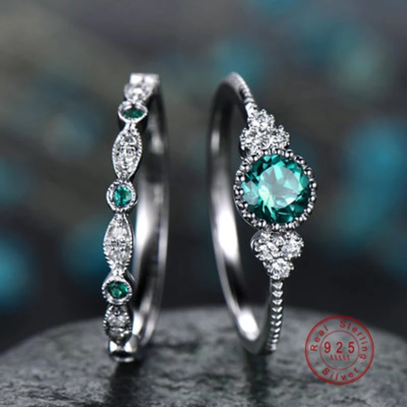 925 Silver Color Women Wedding Ring Set Sparkling Perfect Blue Round Cut Zircon Stone Rings Female Party Engagement Fine Jewelry