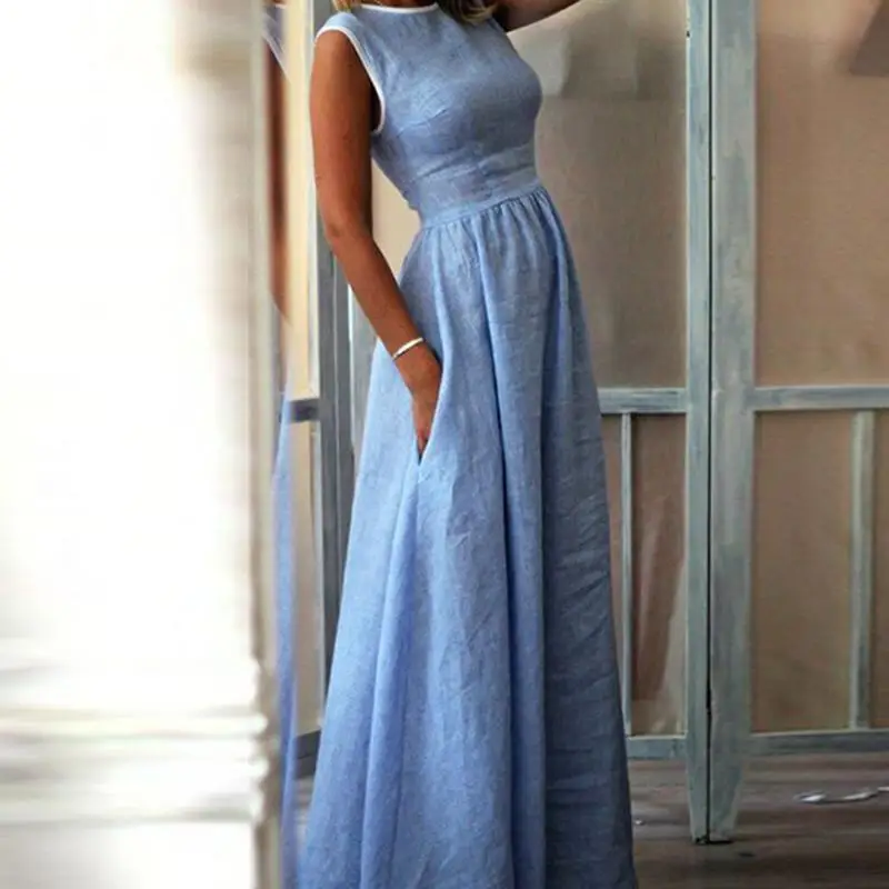 Однотонное летнее пляжное платье с круглым вырезом модные макси женские