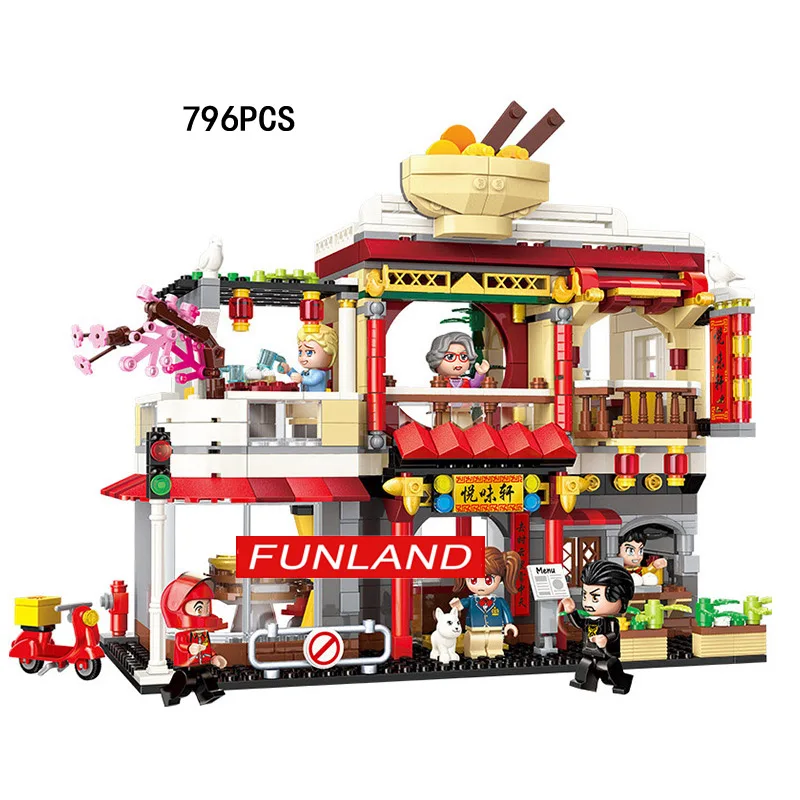 

city street view bricks Chinese Restaurant Convenience Store game room taxi school bus station stack block cartoon minifigs toys