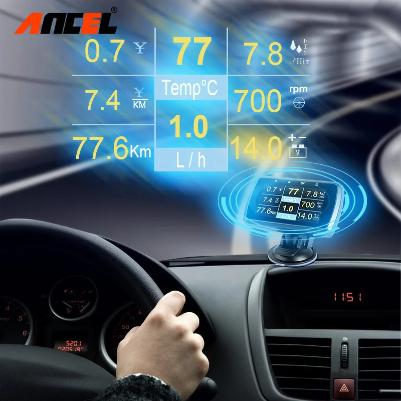 Ancel A501 OBD2 бортовой компьютер для автомобиля цифровой HUD Дисплей Расход топлива температура воды выше скорости метр OBD сканер