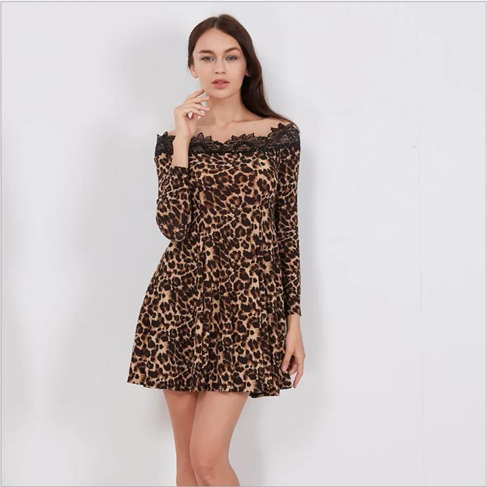 Lonyshow Leopard Кружева Slash шеи Мини-платья Сексуальная линия длинный рукав империя