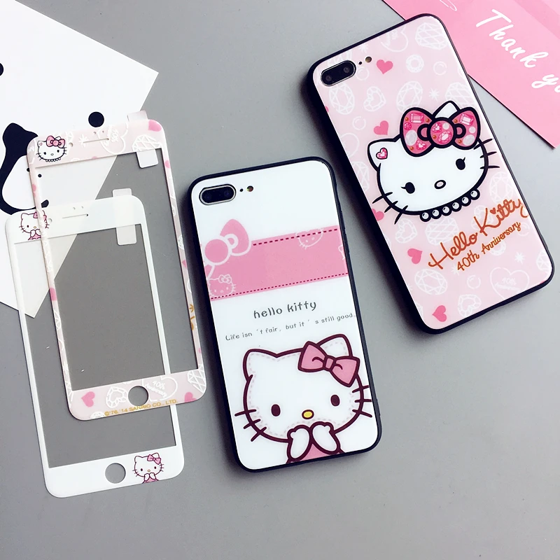 Стеклянная задняя чехол для iPhone 8 plus kitty + протектор экрана мультфильм Милый Котик