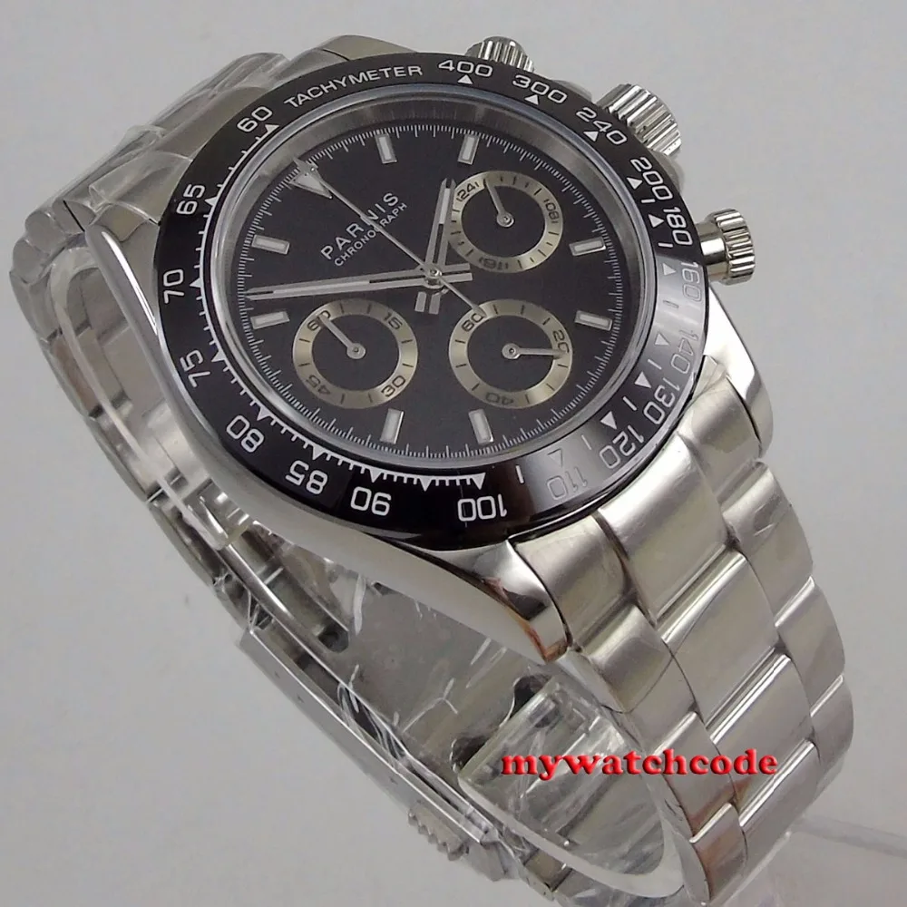 39mm PARNIS black dial sapphire glass cermaic bezel Chronograph quartz mens watch P1178 | Наручные часы