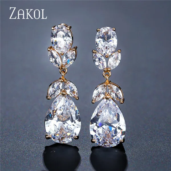 Gold Color Фирма ZAKOL, высокое качество, белый цвет, кубический цирконий, кристалл, серьга с листом-подвеской для женщин, модное свадебное ювелирное изделие FSEP2218 - Окраска металла: Gold Color