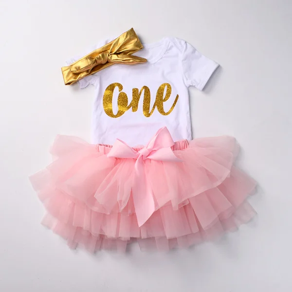 pink 1 Одежда на первый день рождения для маленьких девочек, комплекты с юбкой-пачкой для новорожденных, комплект из 3 предметов, белый комбинезон, топ, шаровары, комплекты с накидкой на подгузники, 0-24 мес - Цвет: pink 1