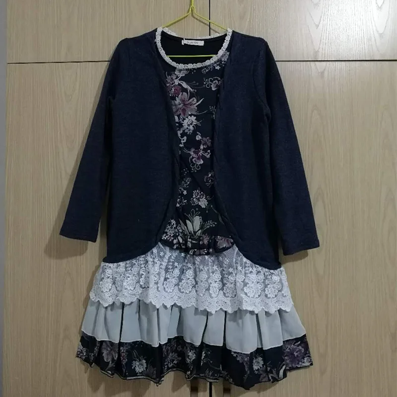 Harajuku/осеннее плиссированное платье в стиле Mori Girl, женское платье из двух частей, многослойное кружевное платье с цветочным рисунком и оборками, лоскутное платье с длинными рукавами, D007