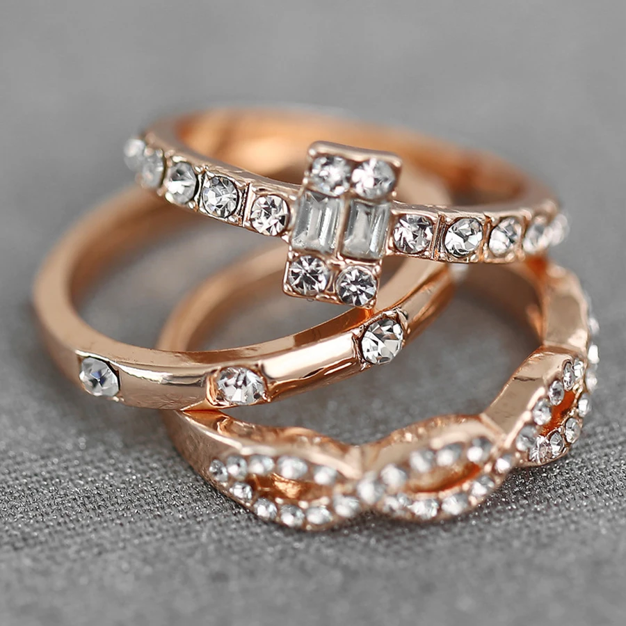 ZVZO 3Pcs/Set Fashion Girls Engagement Wedding Rings Female Party Jewelry Geometry Intersect Crystal Set For Women Gifts | Украшения и