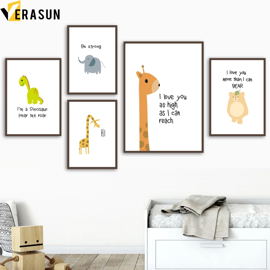 Cartoon Bear Giraffe Dinosaur Elephant Wall Art Canvas Painting Nordic Posters And Prints Pictures For Kids Room Home Decor | Дом и сад