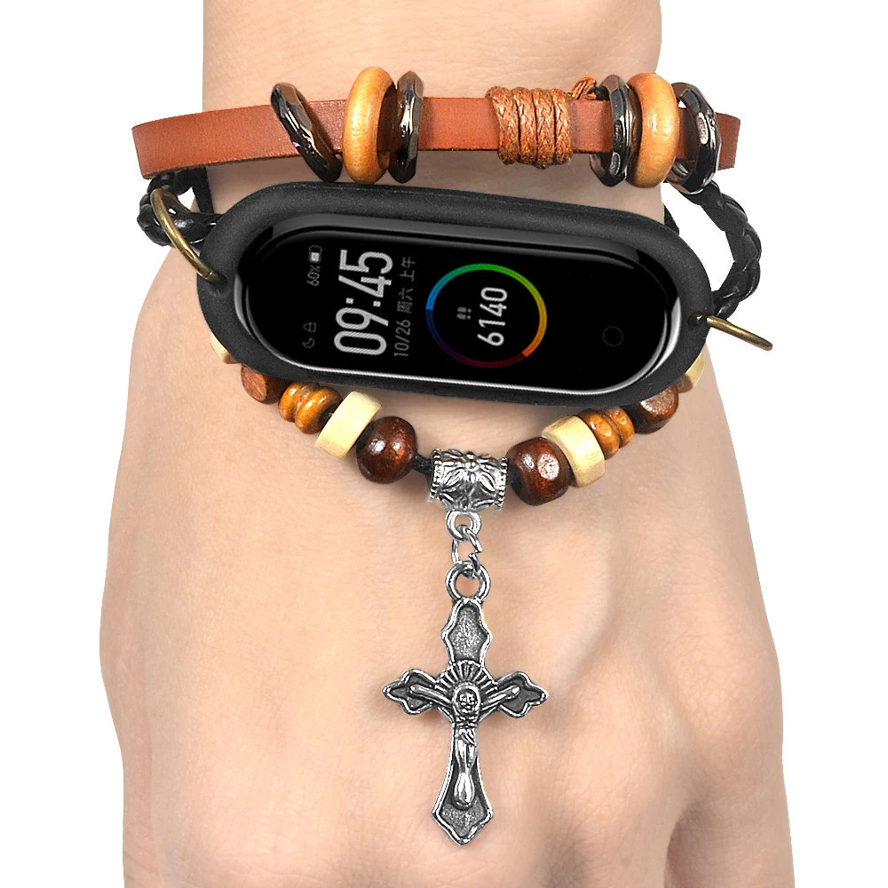 

Retro Leather Beading Strap Bracelet Replacement Wristband for Xiaomi Mi Band 3 4 Smart Watch Accessories