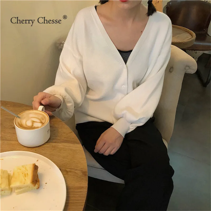 Cherry Chesse Sweet Solid Women Sweater Button V Neck Tops Autumn Casual Slim Female |