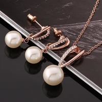 fashion jewelry rose gold white crystal pearl necklace korean earrings wedding party jewelry sets for women as2008