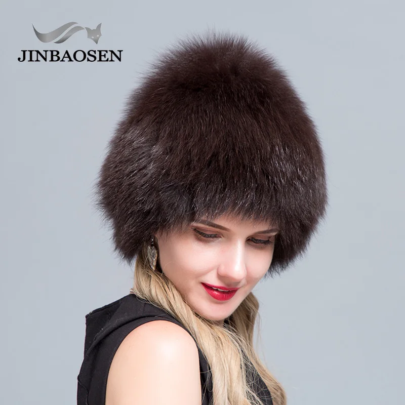 JINBAOSEN женская меховая шапка из натуральной лисы, шапка для русской зимы, Модные Вязаные Лыжные шапки с теплыми ушками