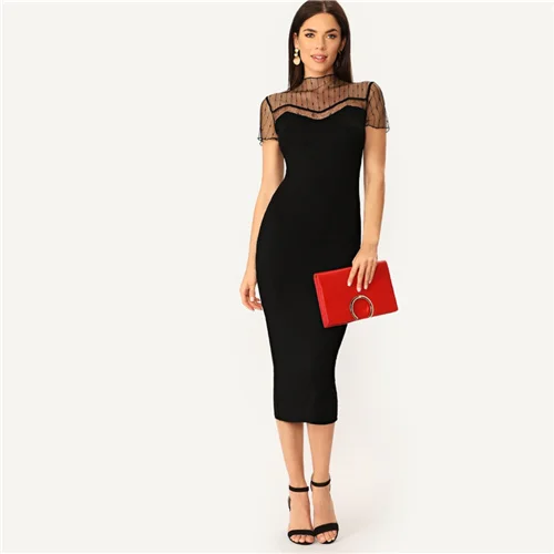 SHEIN черное Полосатое Сетчатое платье-карандаш с хомутом, прямое однотонное платье, женское Повседневное платье, летнее женское облегающее платье со стоячим воротником - Цвет: Черный