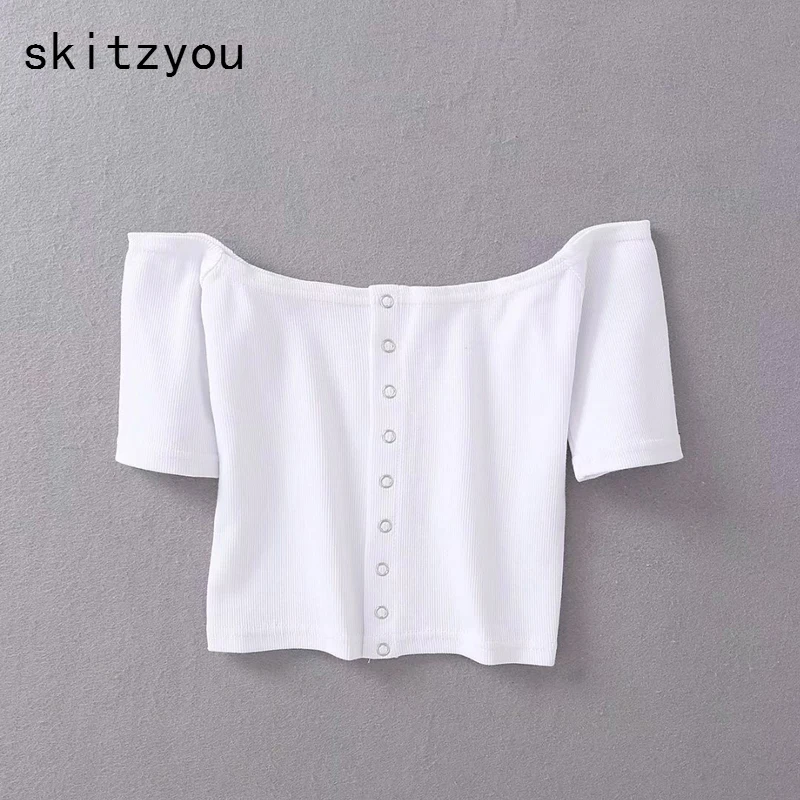 Женский хлопковый топ skitzyou Белый эластичный облегающий короткий с пуговицами