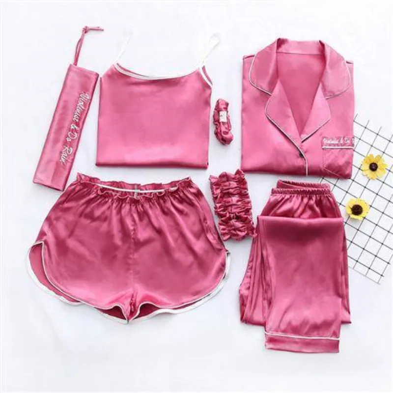 7 Pieces Women Sexy Pajamas Set Robe Pyjamas Short Lingerie Nightwear Autumn Summer Underwear Satin Sleepwear Pajama Long Pant