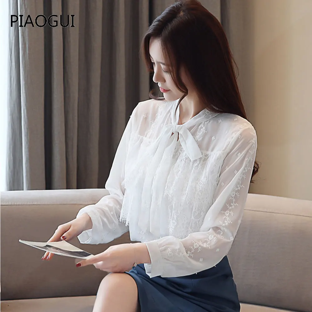 Для женщин футболки топы 2019 Новинка весны уличная лук Фонари рукавом шифон