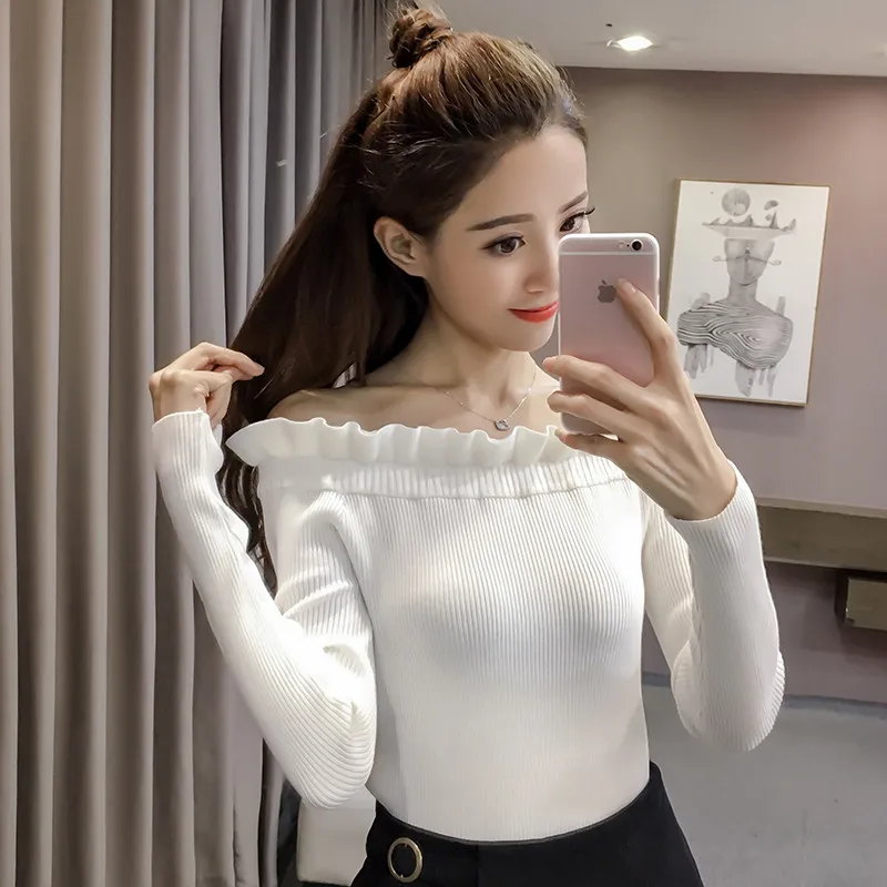 Sanishroly 2018 Autumn Slash Neck Knitted Sweaters Pullovers Women Solid Long Sleeve Sweater Ladies Bottoming Knitwear Tops S184 | Женская