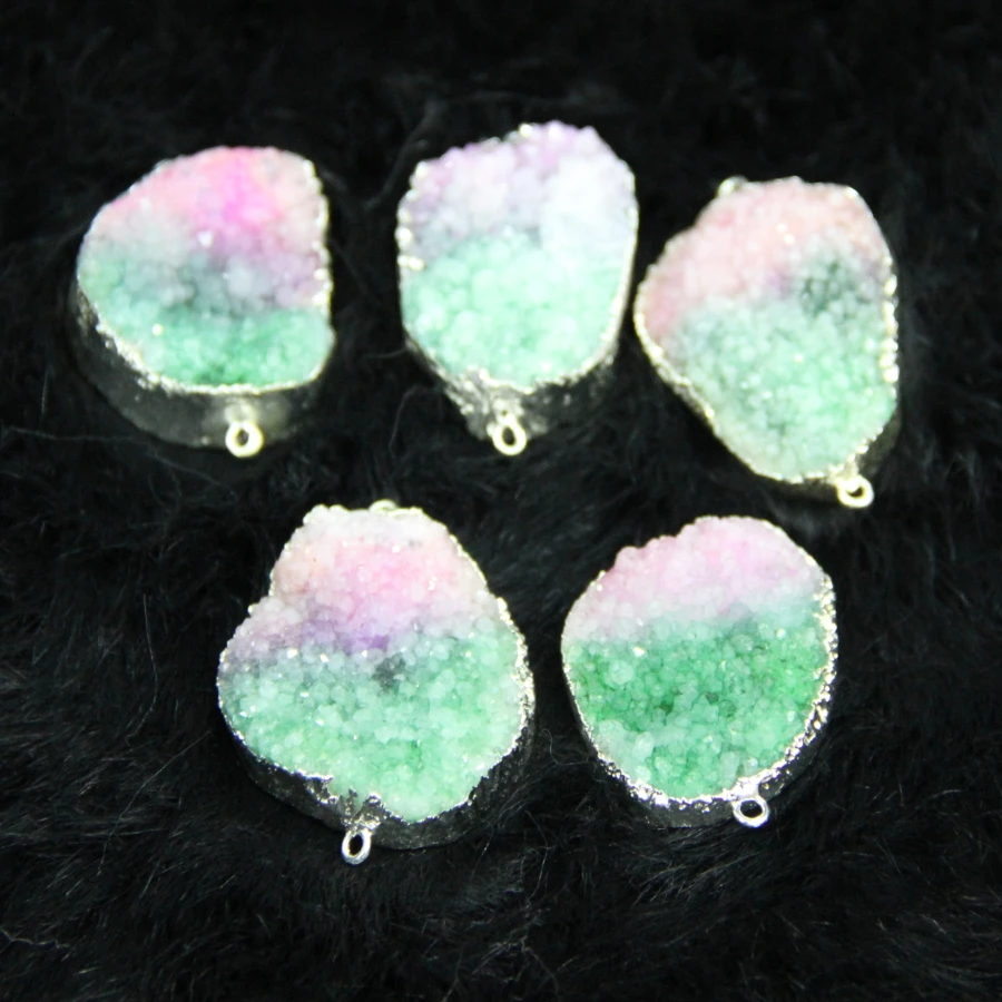 

(25*35mm) Plated Wrapped Druzy Stone Drop Pendant 4pcs/lot Green Mix Pink Drusy Point Pendant Oval Shape for Chain Necklace