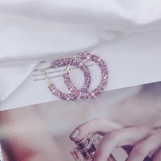 Pink Дизайн, модный очаровательный австрийский хрусталь, серьги-кольца, геометрические круглые блестящие стразы, большие серьги, ювелирные изделия для женщин - Окраска металла: Pink