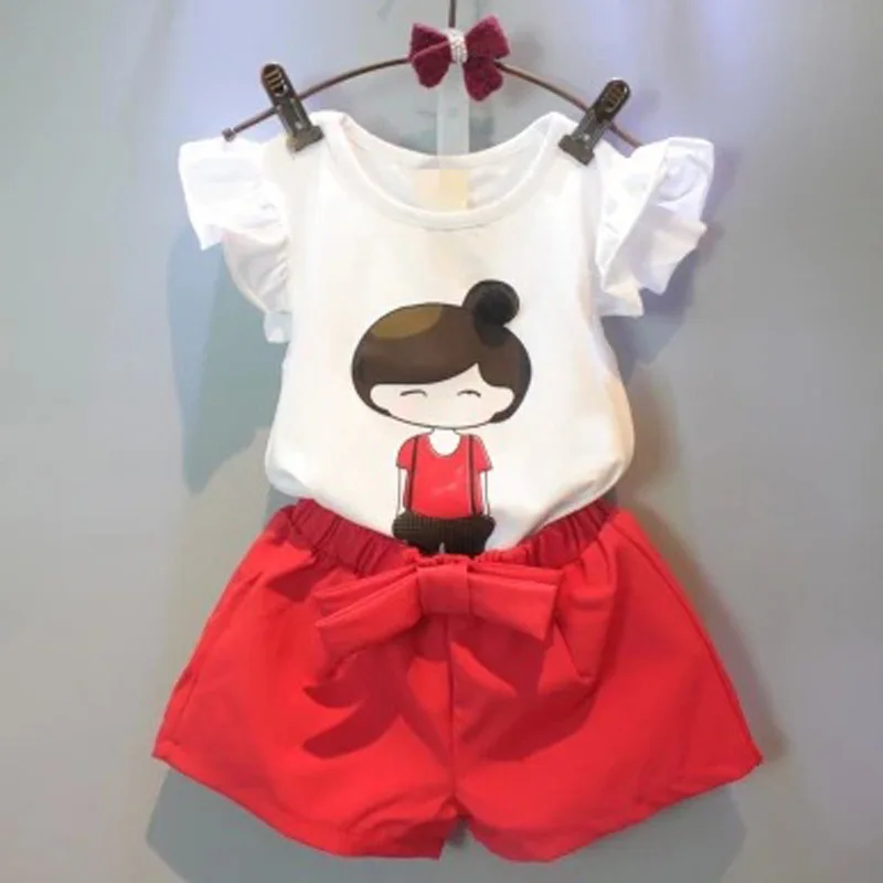 2017 Девочки Одежда наборы Хлопка Летние футболки + Брюки Девочка 2 8Y Дети Костюмы