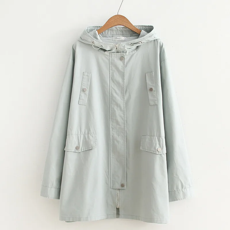 Light bean green Женский плащ большого размера, новая модная верхняя одежда с капюшоном, свободная однотонная женская ветровка средней длины, базовое пальто, повседневные топы A907 - Цвет: Light bean green