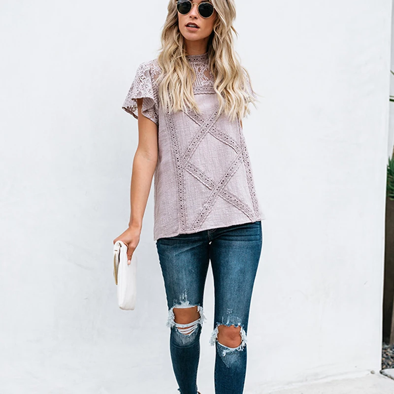 Женская кружевная блузка с круглым вырезом летняя коротким рукавом Повседневный