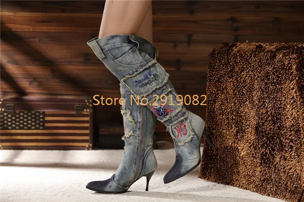 Настоящее Изображения 2017 Сапоги женские Рыцарь Кристалл Острым Носом Мода