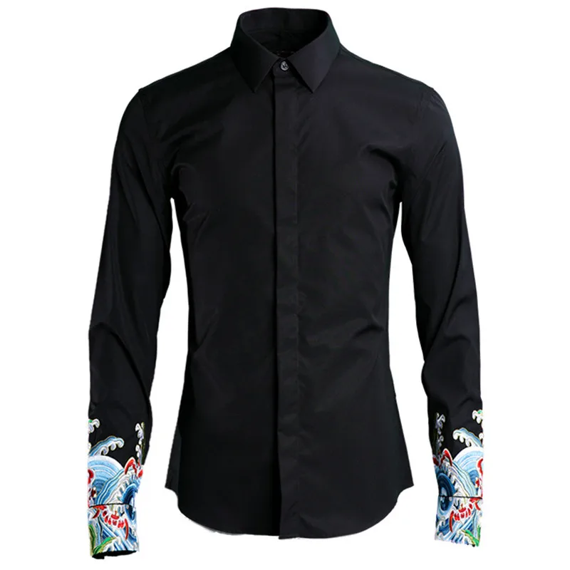 

Embroidery Chinese trend brand shirt men black breathable casual mens shirts long sleeve fashion tops shirt male overhemd camisa
