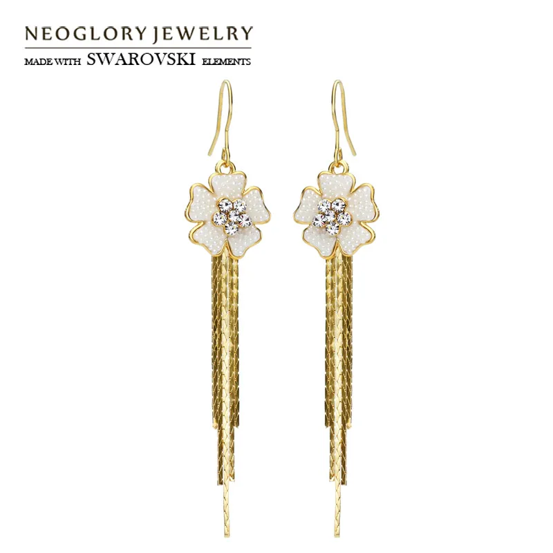 Серьги подвески Neoglory Австрия с искусственным жемчугом светильник желтого золота