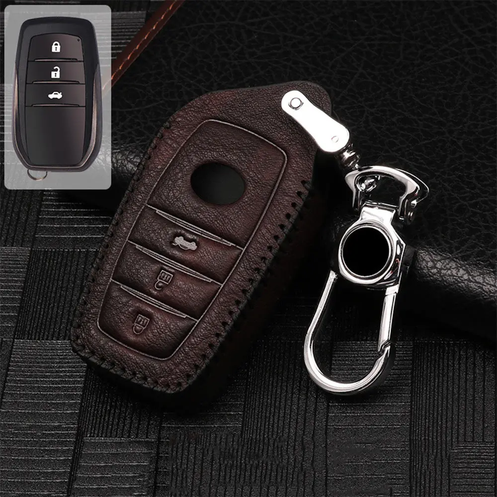 Black-3buttons Кожаный чехол для ключей автомобиля для Toyota Chr Rav4 Auris Avensis Prius Aygo Camry Corolla Land Cruiser 200 Prado Crown Aqua брелок - Название цвета: Black-3buttons
