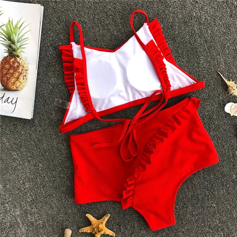 Женский Бандаж с высокой талией сексуальный красный комплект бикини оборками