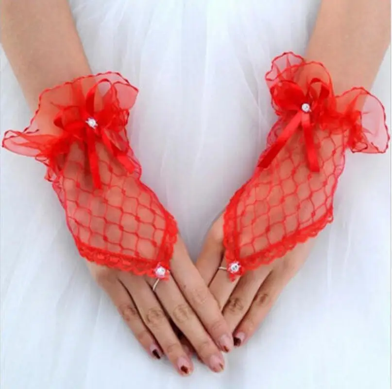 Короткие кружевные свадебные перчатки без пальцев с бантом на запястье | Дом и