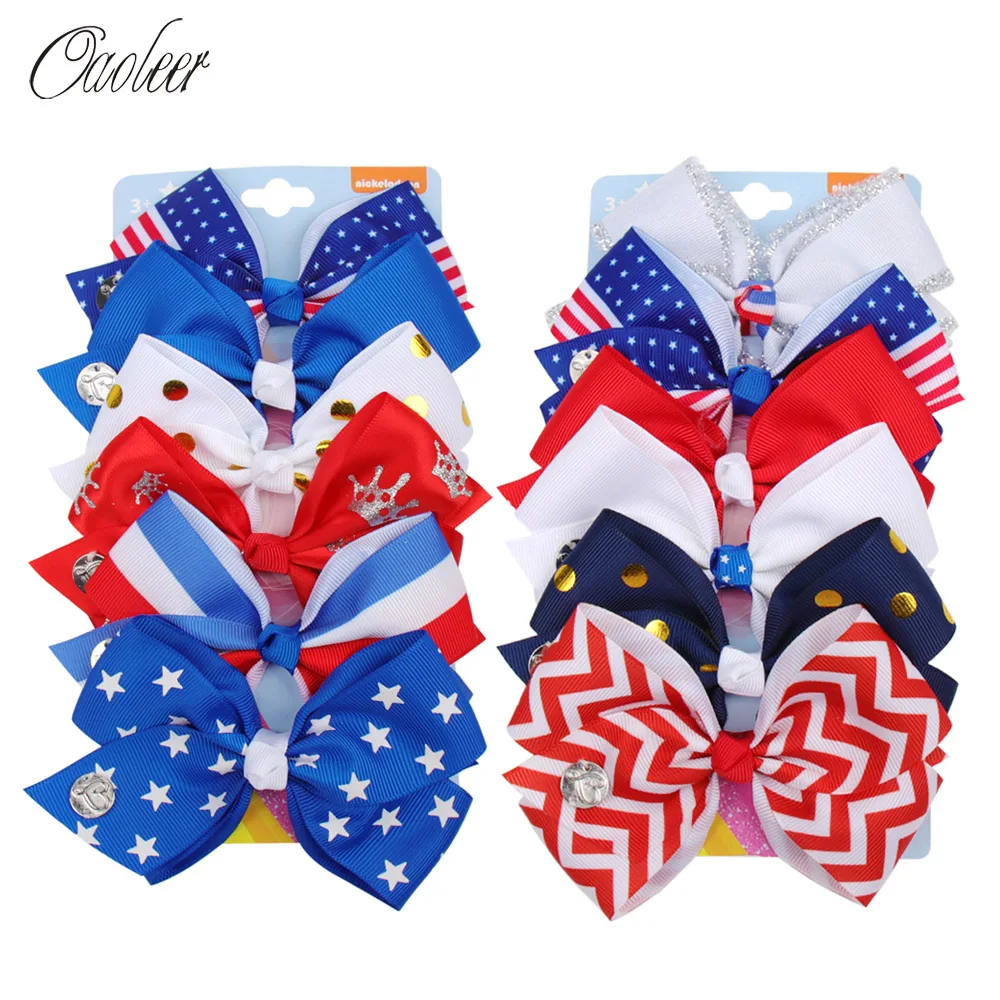 

6 Pcs/Set Independence Day Hair Bows for Girls 4th of July Grosgrain Ribbon Hair Clips Handmade Kids Hairgrips Hair Accessories