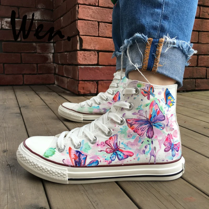 

Wen White Hand Painted Shoes Design Custom Colorful Butterfly Women Men's High Top Canvas Sneakers Platform Laced Plimsolls