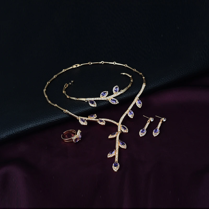 HOOSLIVER Gold Plated Rhinestone Necklace Earrings Bracelet Ring Refinement Jewelry Sets Leaves Shape 4 Pcs | Украшения и